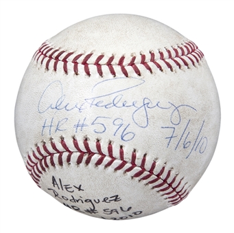 2010 Alex Rodriguez Game Used, Signed & Inscribed OML Selig Baseball Used On 7/6/10 For Career Home Run #596 - Grand Slam #21 (Rodriguez LOA & Beckett)